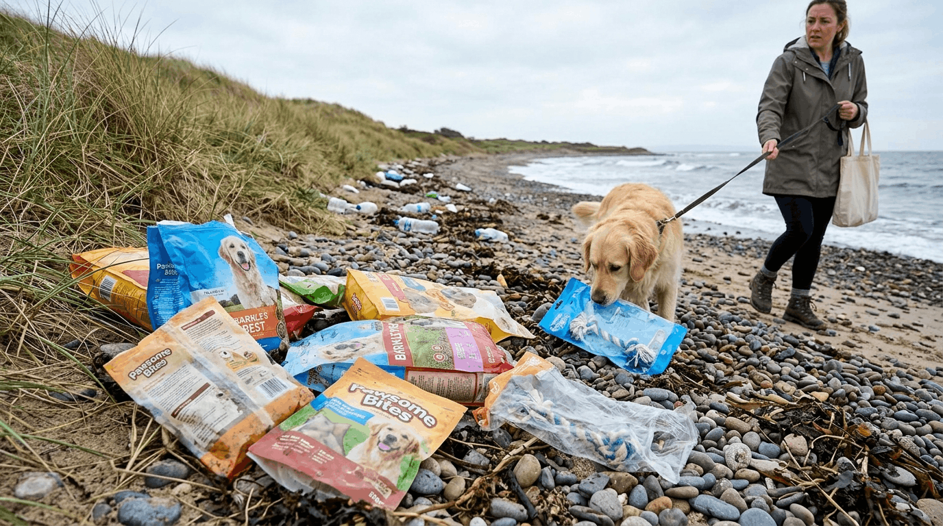 Environmental impact of plastic packaging in dog products and pet supplies.