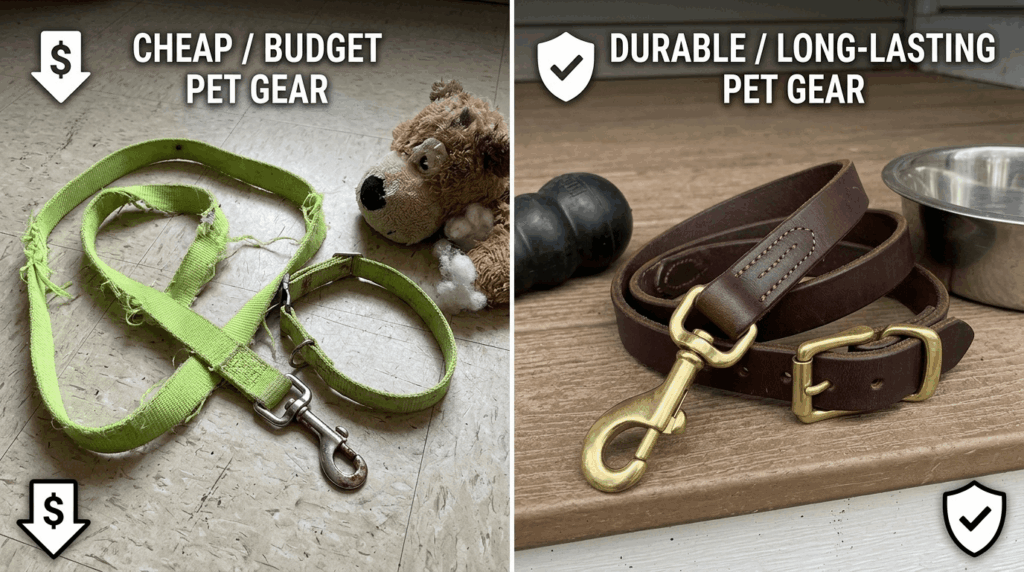 Comparison between cheap and durable pet equipment and gear quality.