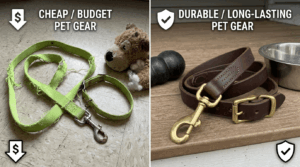 Comparison between cheap and durable pet equipment and gear quality.
