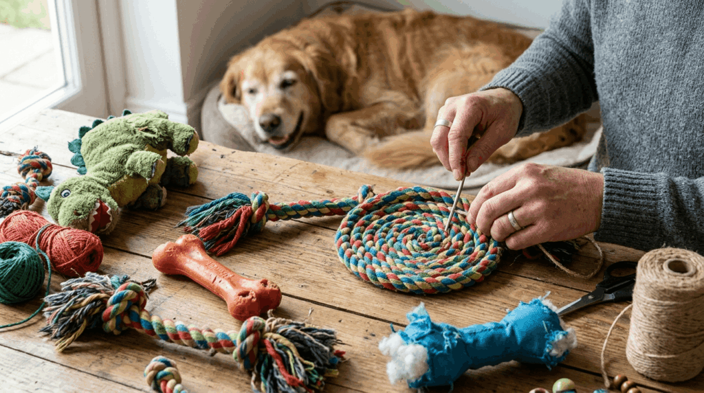 Recycling and repurposing old dog toys for environmental sustainability.