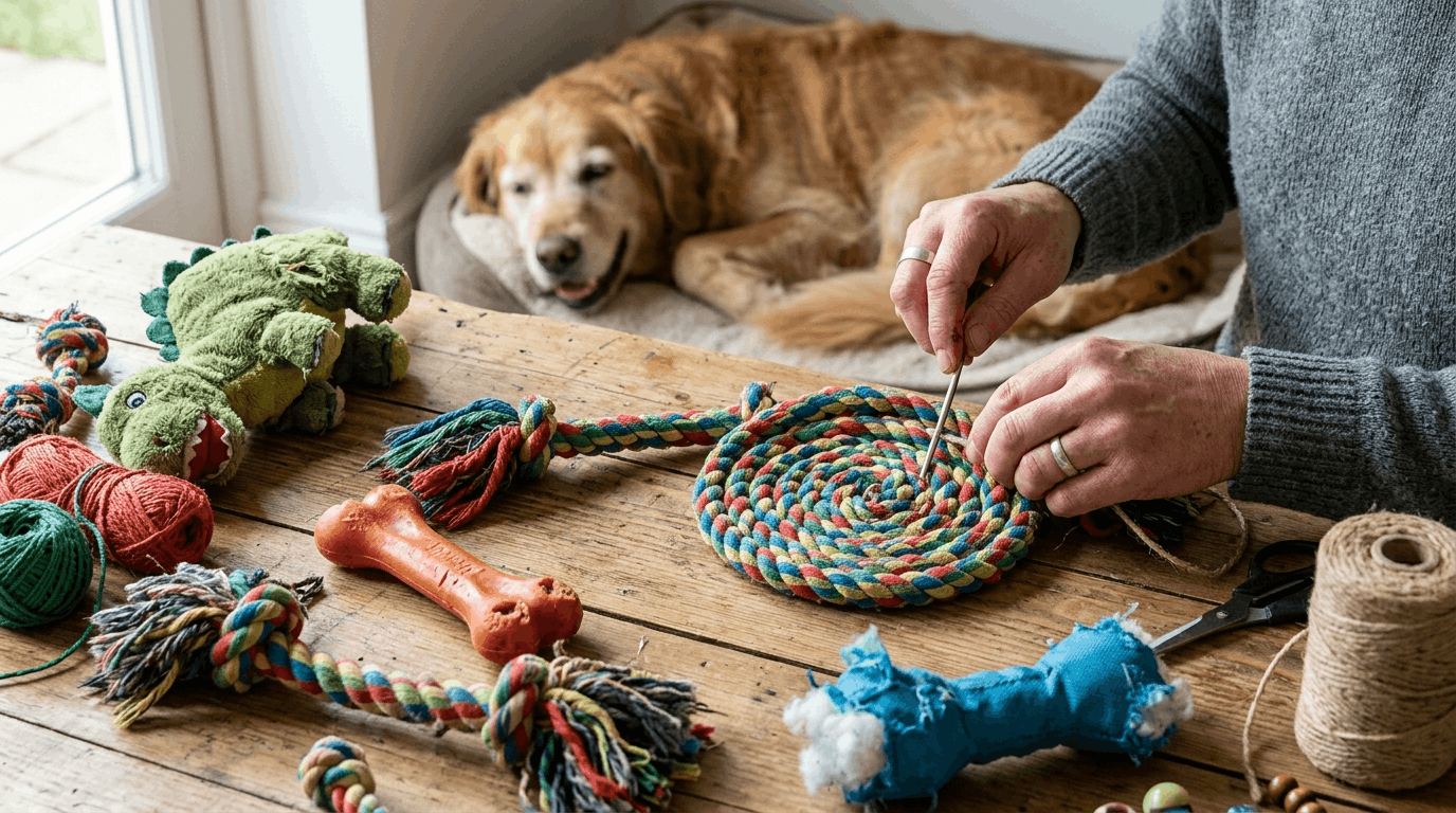Recycling and repurposing old dog toys for environmental sustainability.