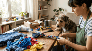 Upcycling and repurposing old materials into creative pet toys