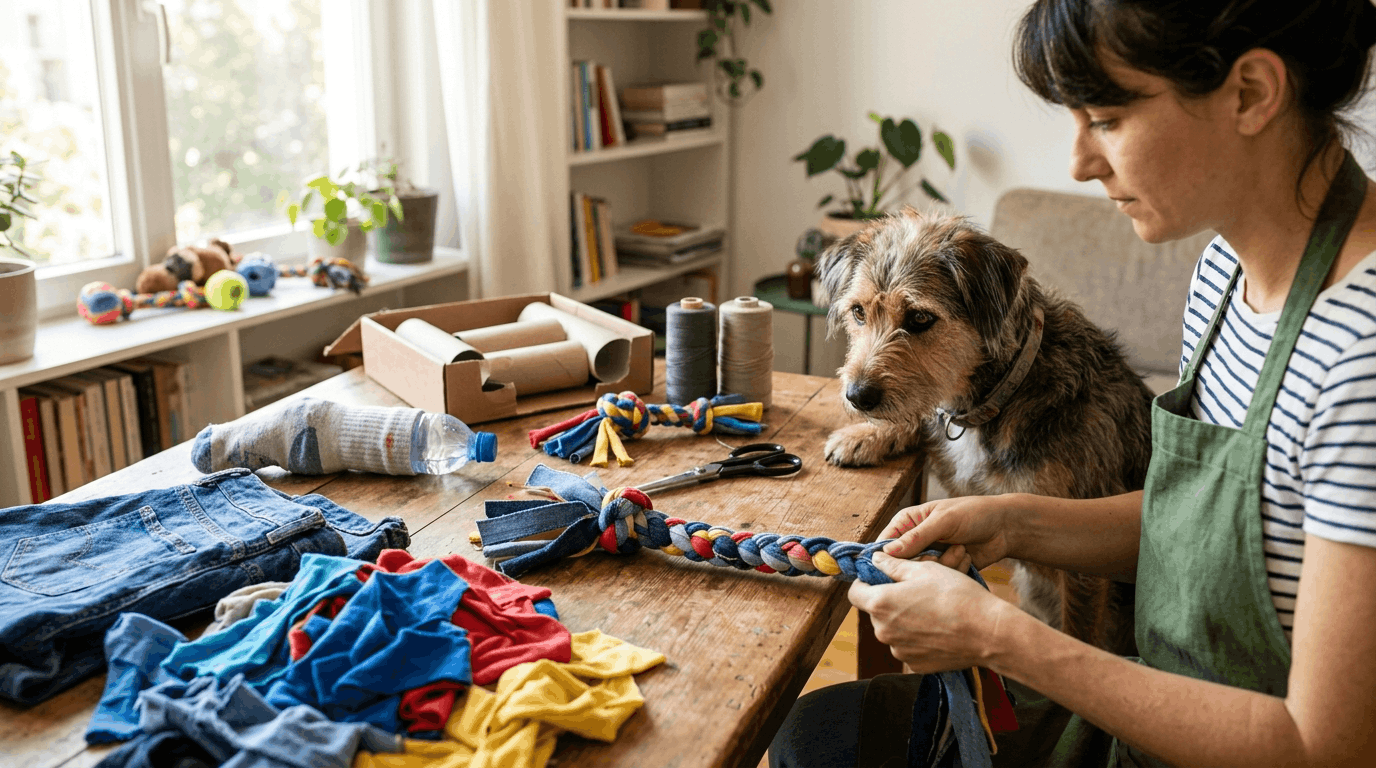 Upcycling and repurposing old materials into creative pet toys