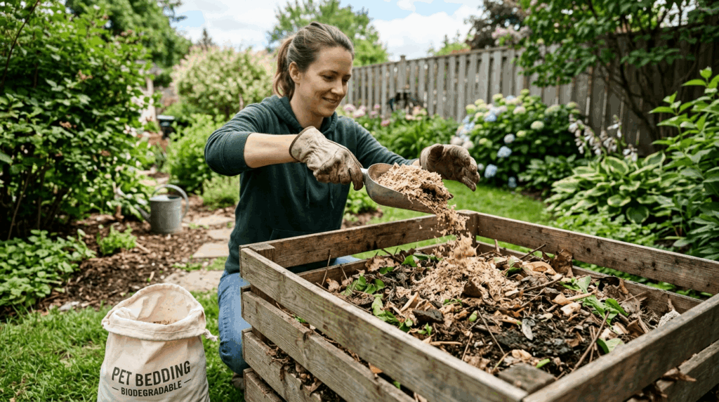 Composting pet bedding showing biodegradable materials being added to eco-friendly compost bin