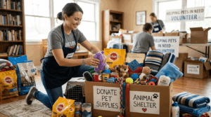 Donating pet supplies for animal shelter and community welfare.