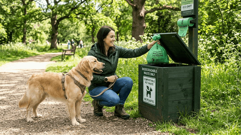 Eco-friendly dog waste disposal with biodegradable bags.
