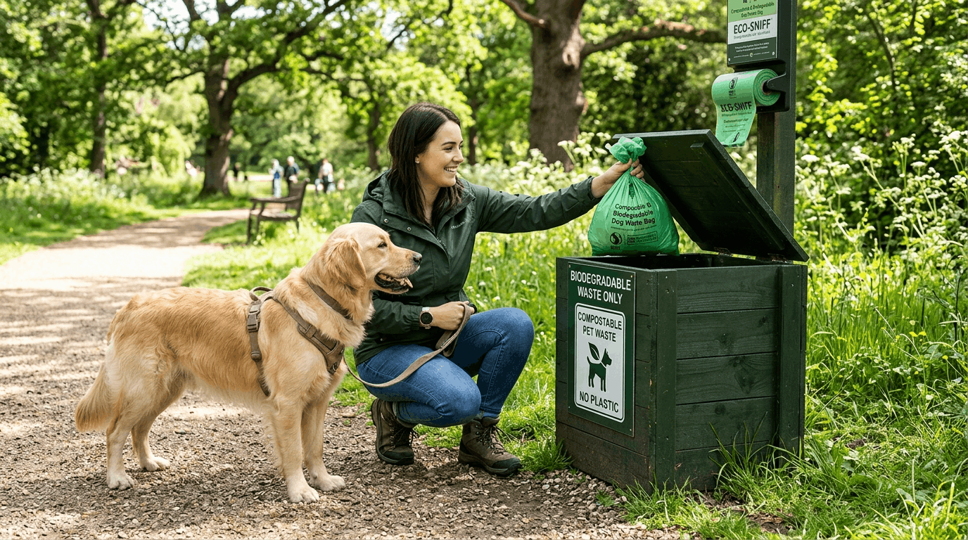 Eco-friendly dog waste disposal with biodegradable bags.