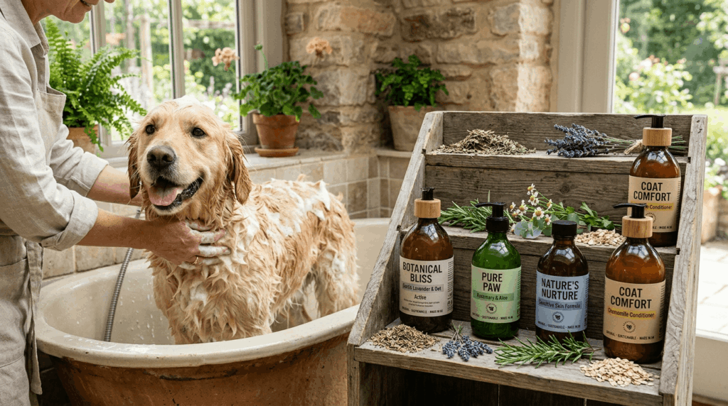 Natural dog shampoos with organic botanical formulas for pets.