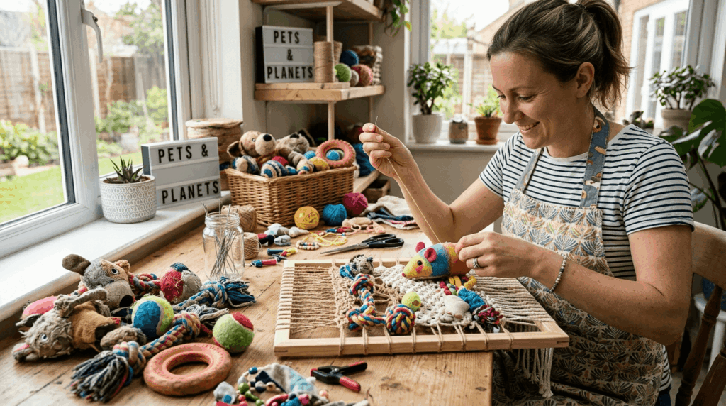 Old pet toys DIY repurposing with sustainable reuse crafts.