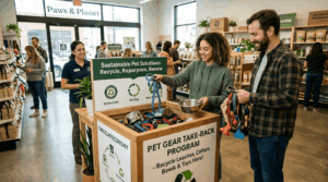 Pet gear take-back program showing people returning used pet supplies for recycling