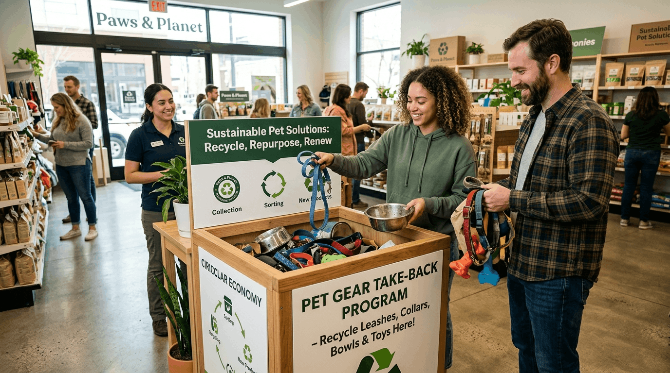 Pet gear take-back program showing people returning used pet supplies for recycling