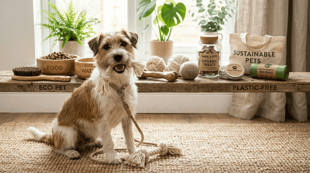 Plastic-free dog products with bamboo bowls and natural toys.
