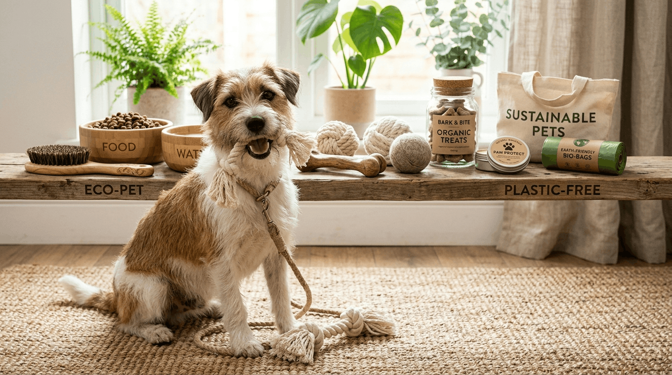 Plastic-free dog products with bamboo bowls and natural toys.