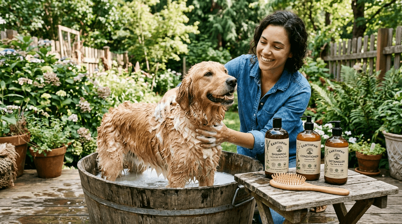 Biodegradable dog grooming with eco-friendly natural products.