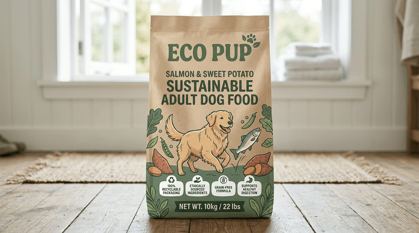 Eco dog food labels with sustainable certification marks.