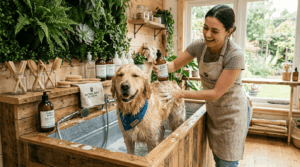 Eco-friendly dog grooming with natural sustainable products.
