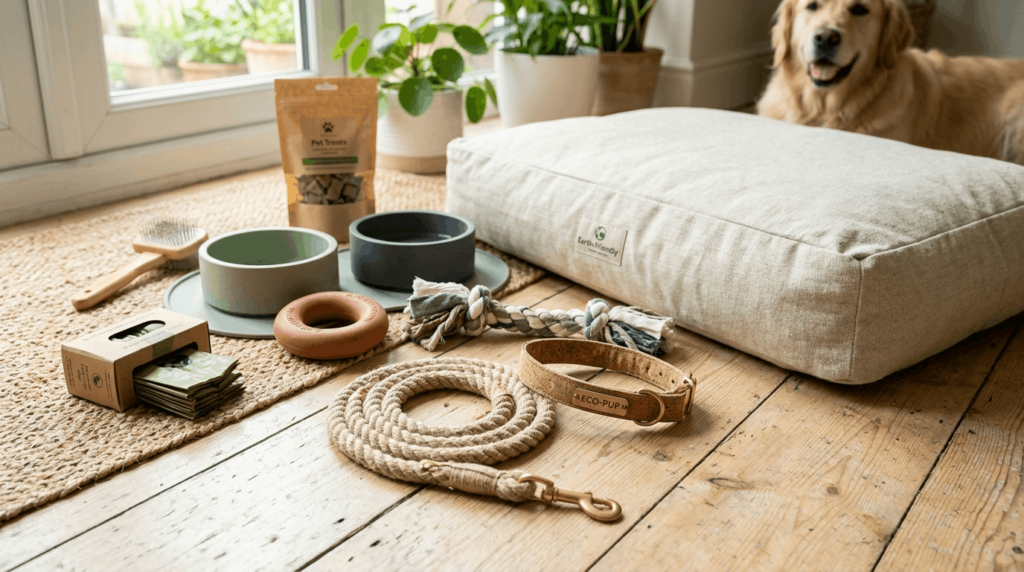 Eco-friendly pet gear with sustainable materials and products.