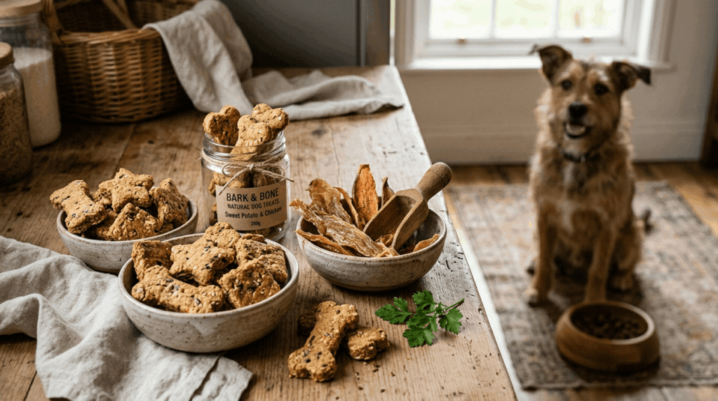 Natural dog treats including healthy organic snacks and chews