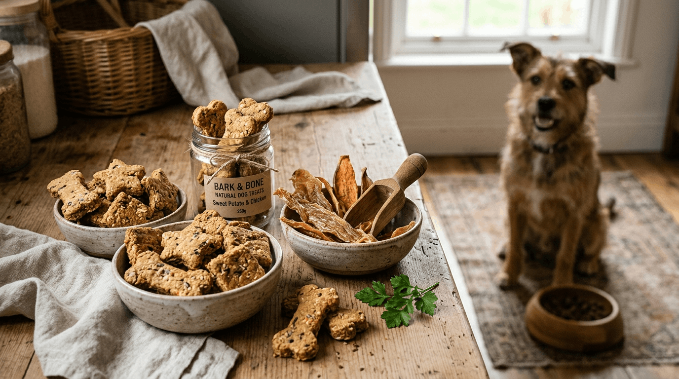 Natural dog treats including healthy organic snacks and chews