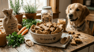 Organic dog treats featuring certified organic natural snacks and healthy chews