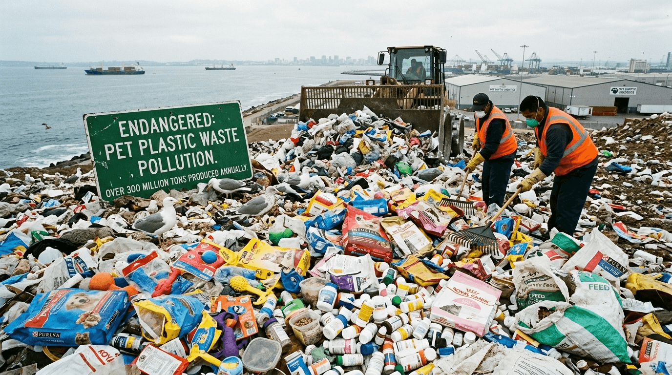 Pet industry plastic problem showing environmental waste concerns.