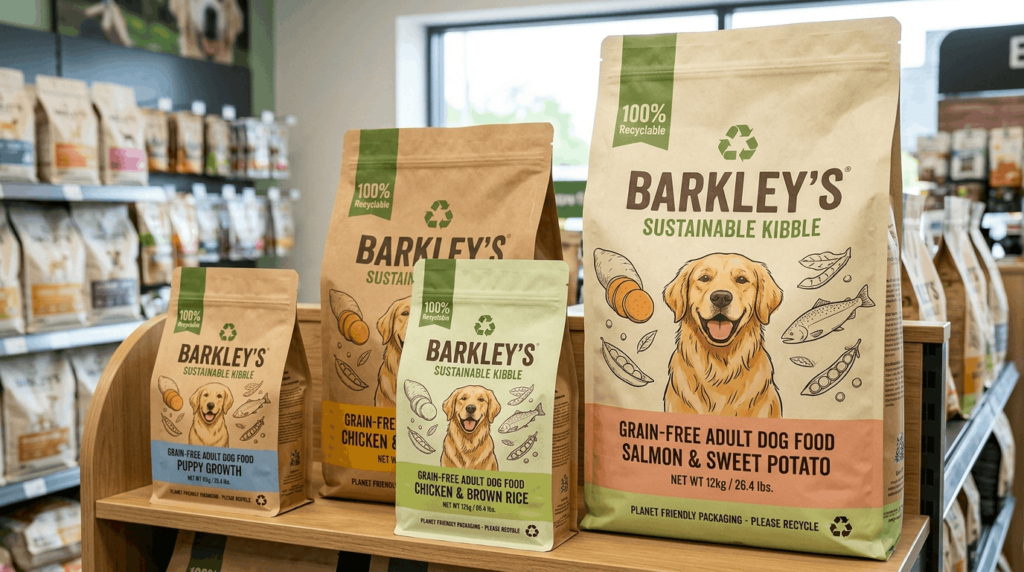 Recyclable dog food packaging featuring eco-friendly sustainable packaging materials