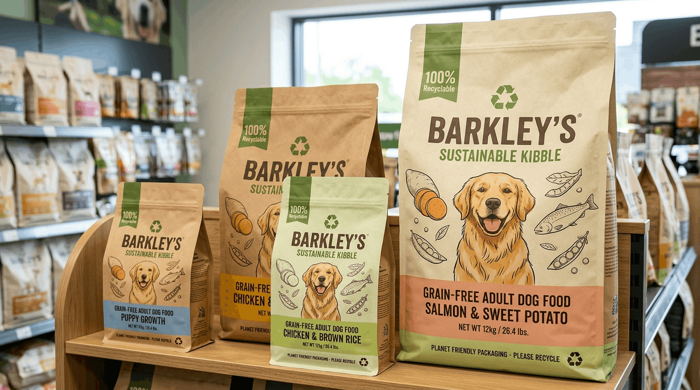Recyclable dog food packaging featuring eco-friendly sustainable packaging materials