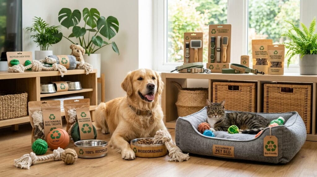 Recyclable pet products with eco-friendly toys bowls and sustainable accessories