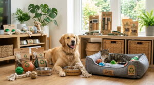Recyclable pet products with eco-friendly toys bowls and sustainable accessories