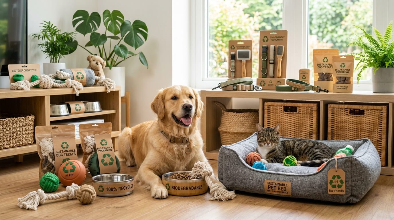 Recyclable pet products with eco-friendly toys bowls and sustainable accessories