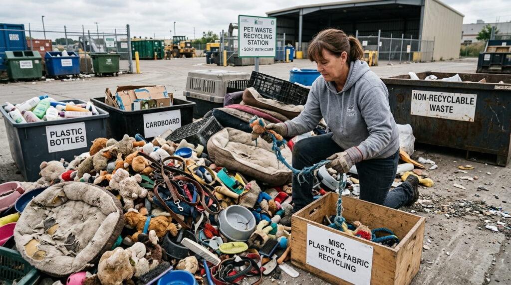 Pet gear waste with old discarded pet supplies and environmental disposal concerns