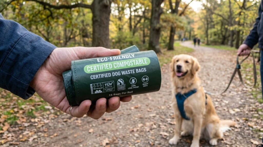 Certified dog waste bags with biodegradable eco-friendly certification labels