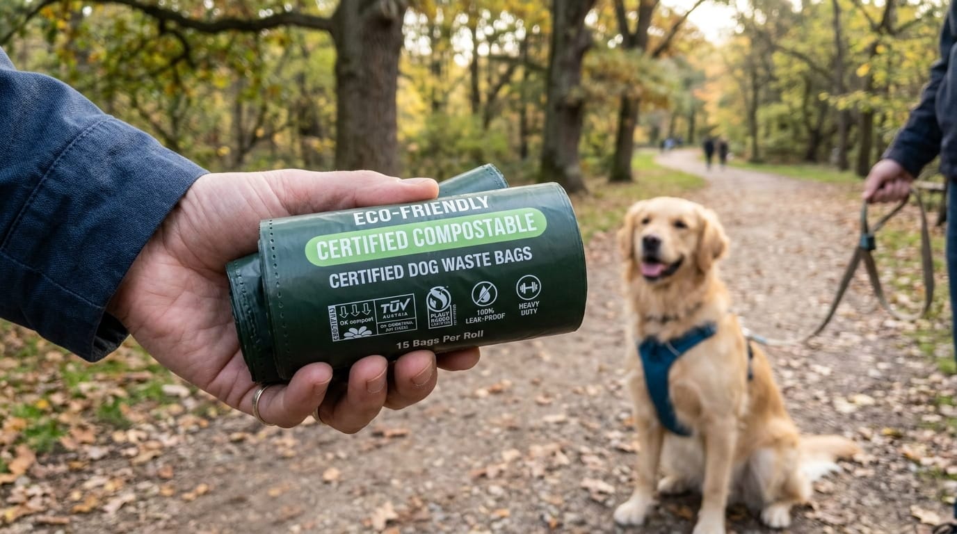 Certified dog waste bags with biodegradable eco-friendly certification labels