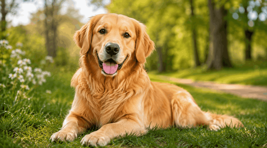 golden retriever on green grass in a natural park, promoting eco-friendly pet care, sustainable outdoor living, and responsible dog ownership