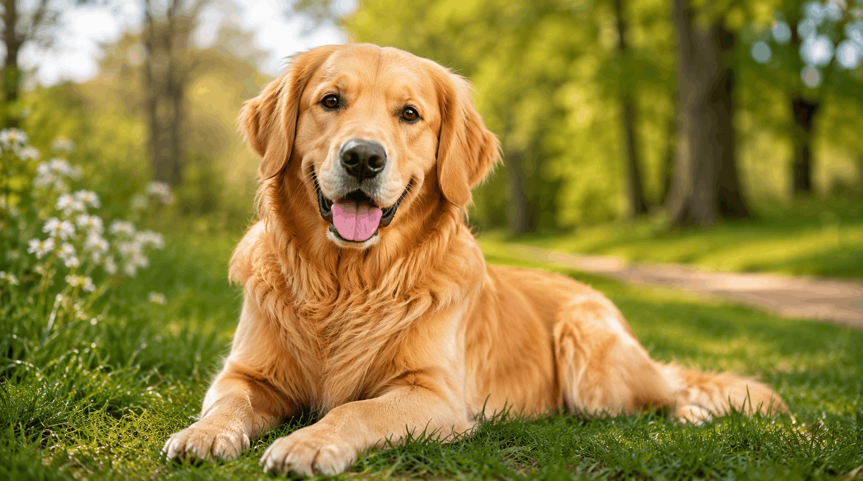golden retriever on green grass in a natural park, promoting eco-friendly pet care, sustainable outdoor living, and responsible dog ownership