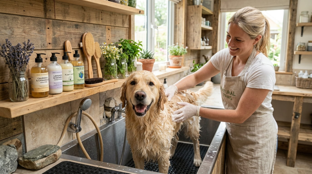 Chemical free dog grooming with natural organic shampoo and botanical ingredients