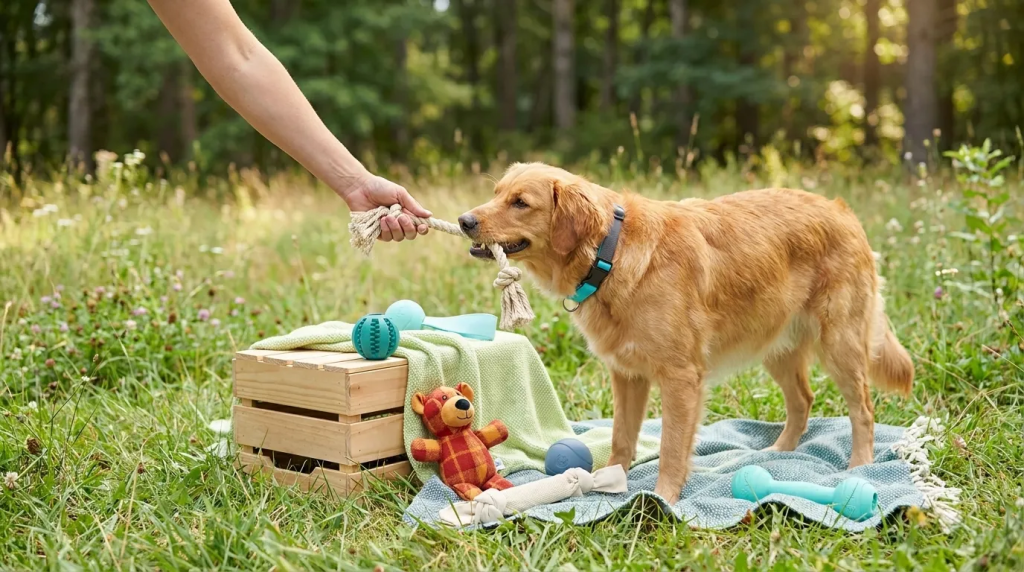 Golden retriever playing tug-of-war with a rope toy, surrounded by various sustainable dog toys from Eco Friendly Dog Product