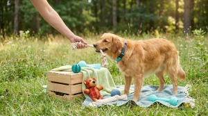 Golden retriever playing tug-of-war with a rope toy, surrounded by various sustainable dog toys from Eco Friendly Dog Product