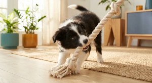 Eco Friendly Dog Products: A playful black and white puppy tugs on a natural rope, an eco-friendly dog toy, in a bright home.