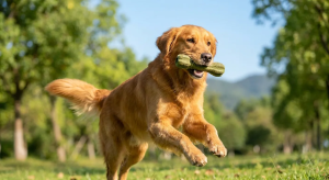 Golden retriever joyfully running with a green bone-shaped eco-friendly dog toy in a sunny park