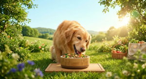 Golden Retriever eating sustainable dog food from a bamboo bowl outdoors, surrounded by fresh produce. Eco Friendly Dog Produ
