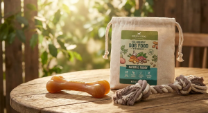 Roy Heley Dog eco-friendly dog food in a natural canvas bag with a bone chew toy and rope toy on a wooden table