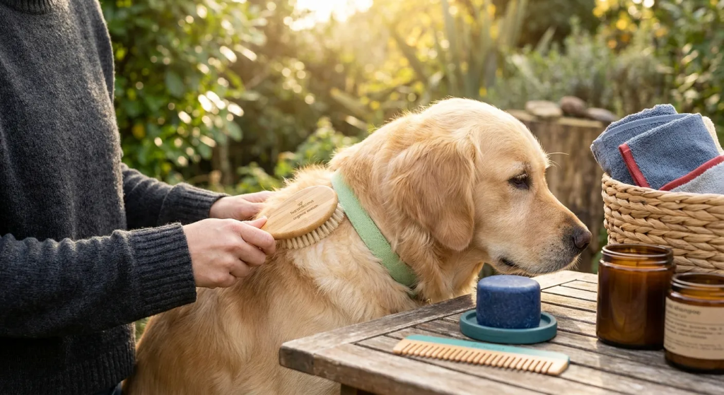 Eco Friendly Dog Products: Golden retriever being brushed outdoors with a wooden brush, solid shampoo, and natural comb