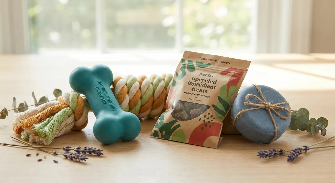 Eco Friendly Dog Products: Natural rubber chew toy, braided rope, upcycled dog treats, and solid shampoo bar for sustainable