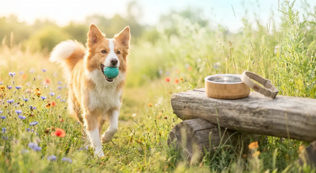 Eco Friendly Dog Products: Happy dog with ball in a wildflower meadow, next to a sustainable bamboo dog bowl and collar