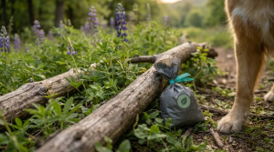 Eco Friendly Dog Products: Dog's paw next to a biodegradable poop bag