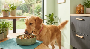 Golden retriever eating sustainable dog food from a green bowl on a wooden table