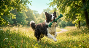 Happy Border Collie playing with a green eco-friendly dog toy in a sunny meadow.