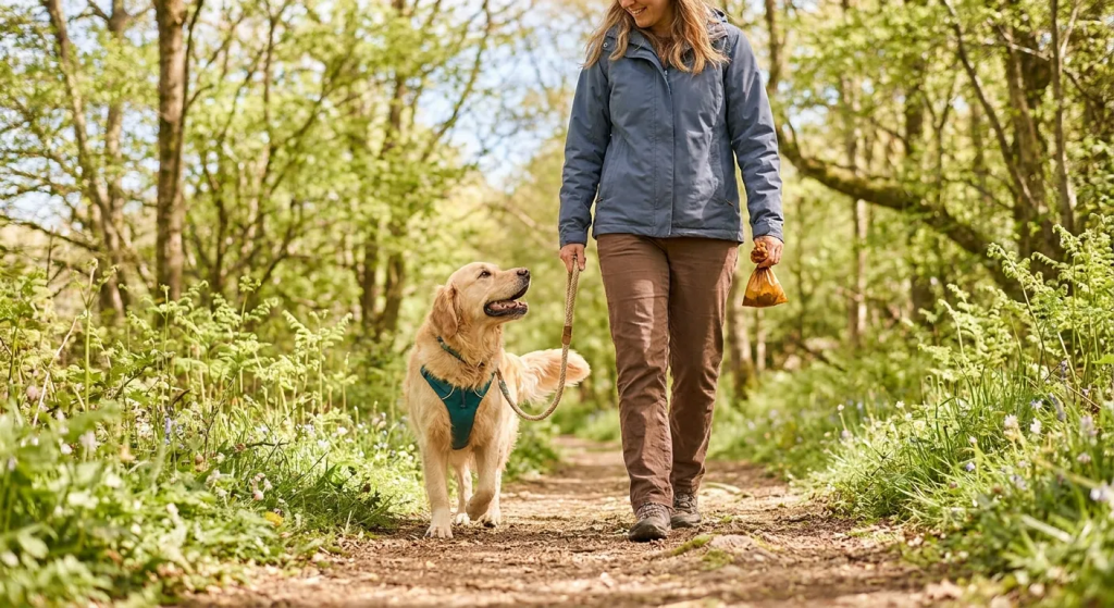 Eco Friendly Dog Products: Woman and golden retriever on a nature walk, holding a sustainable dog waste bag to reduce pet car