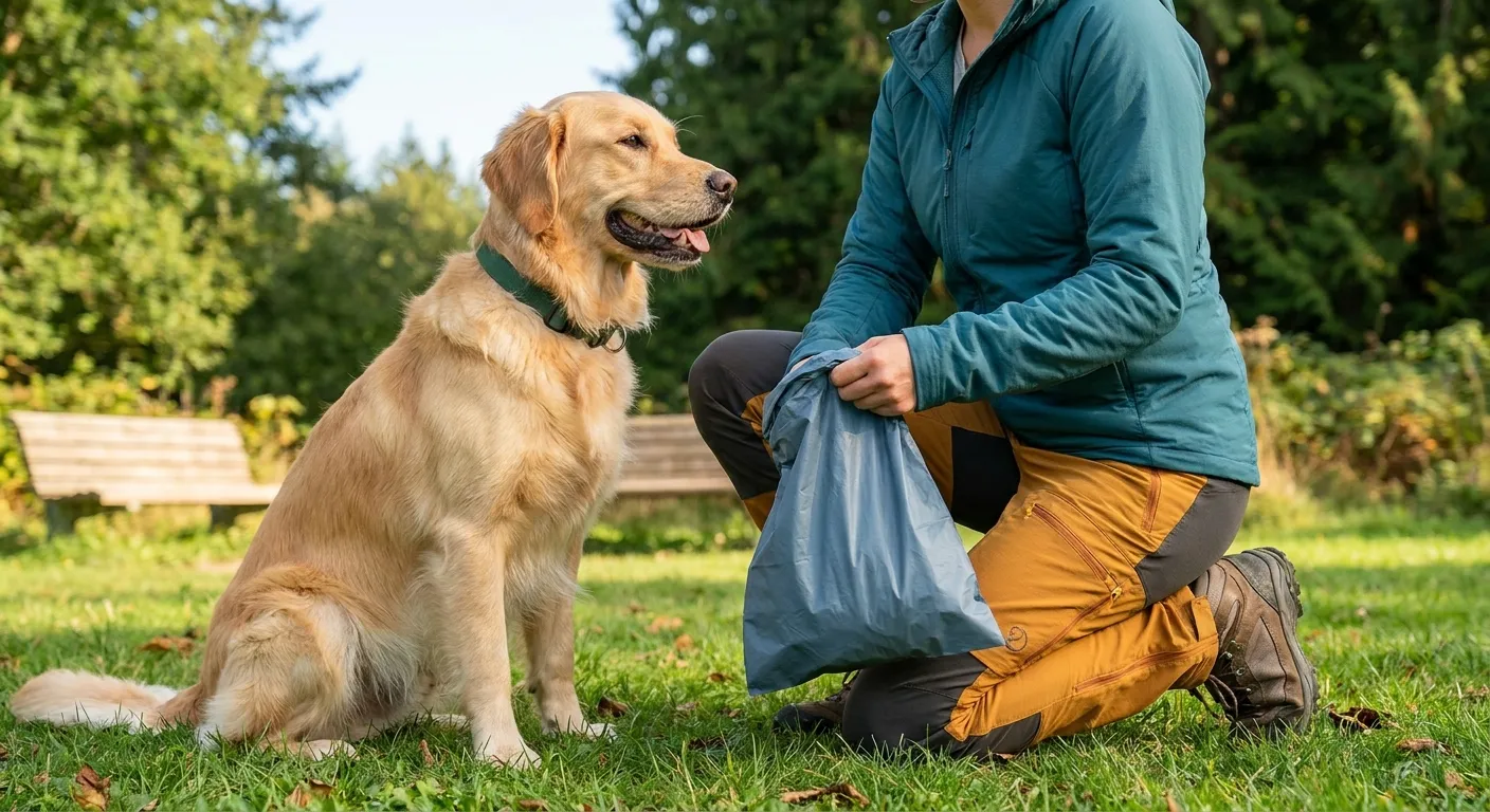 Eco Friendly Dog Products: Person with golden retriever using a sustainable dog waste bag for eco-conscious cleanup in a park